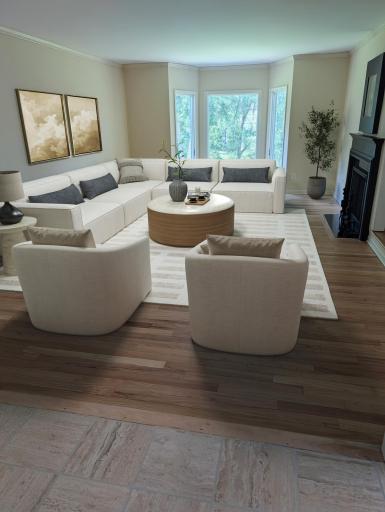 Virtual staged great room/living room with bayed window and wood burning fireplace