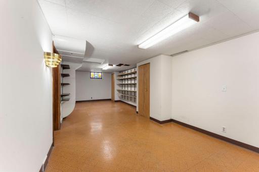Finished lower-level family room with built-in shelving and flexible space for relaxing, games or entertaining.
