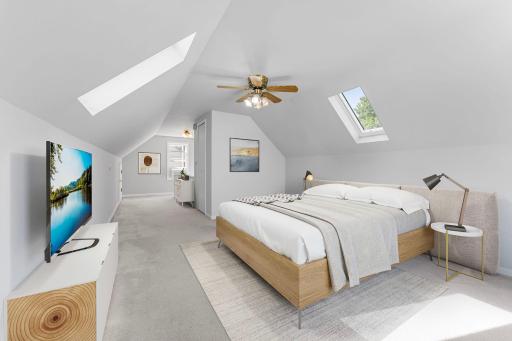 Virtually staged for illustration purposes. Upper level bedroom.