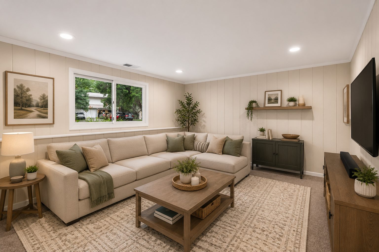 Virtually staged photo of lower level family room