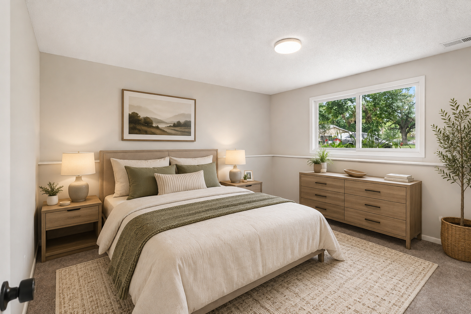 Virtually staged photo of a lower level bedroom