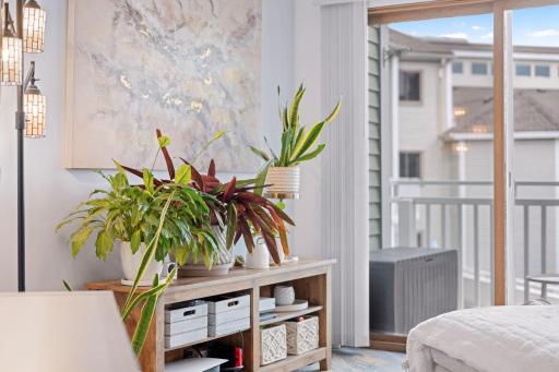 Charming living room detail with greenery and large sliding doors overlooking the private outdoor space.