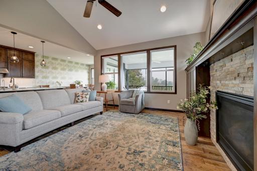Custom built-ins surround the fireplace