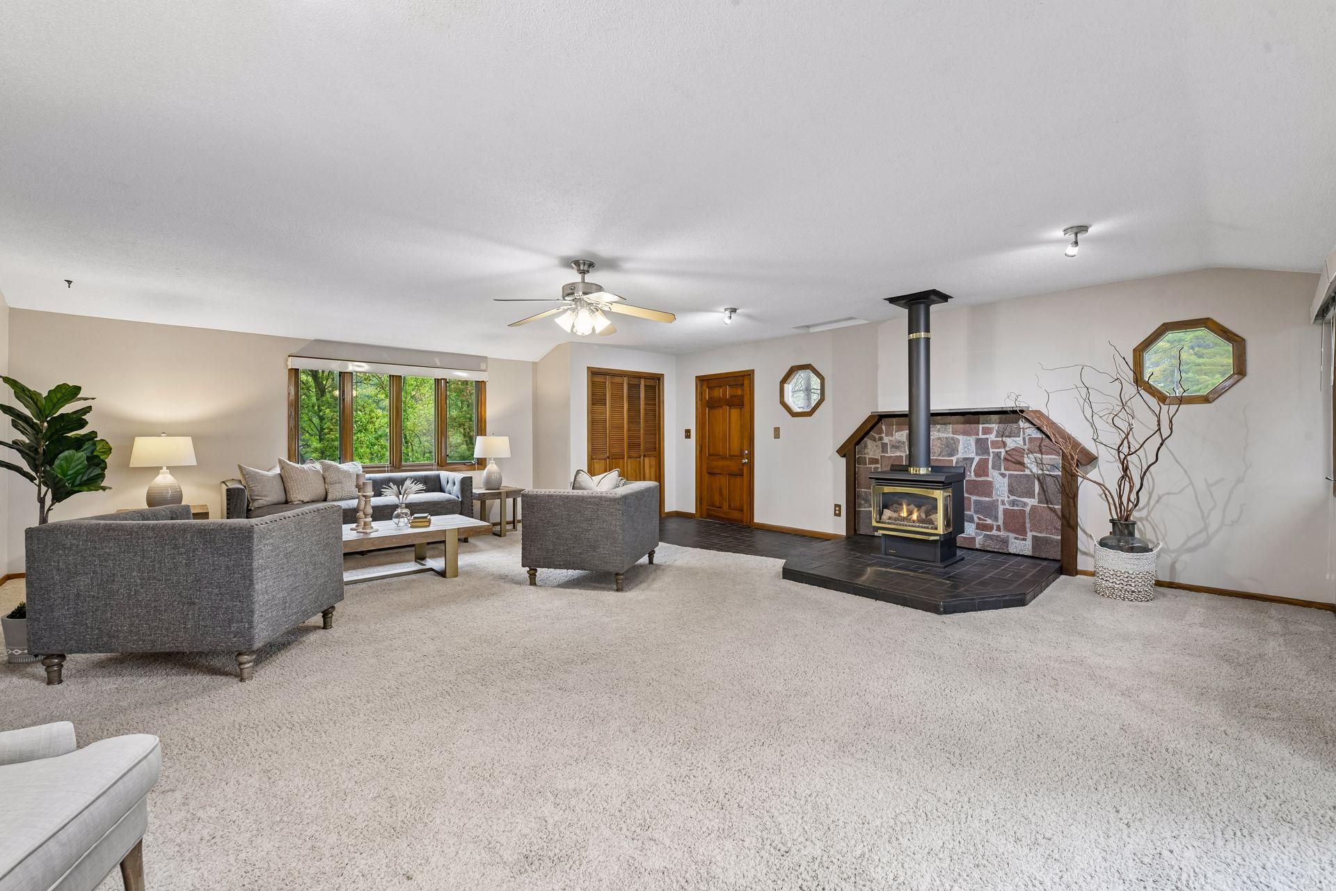 A gas fireplace creates an inviting atmosphere.
