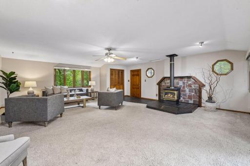 A gas fireplace creates an inviting atmosphere.