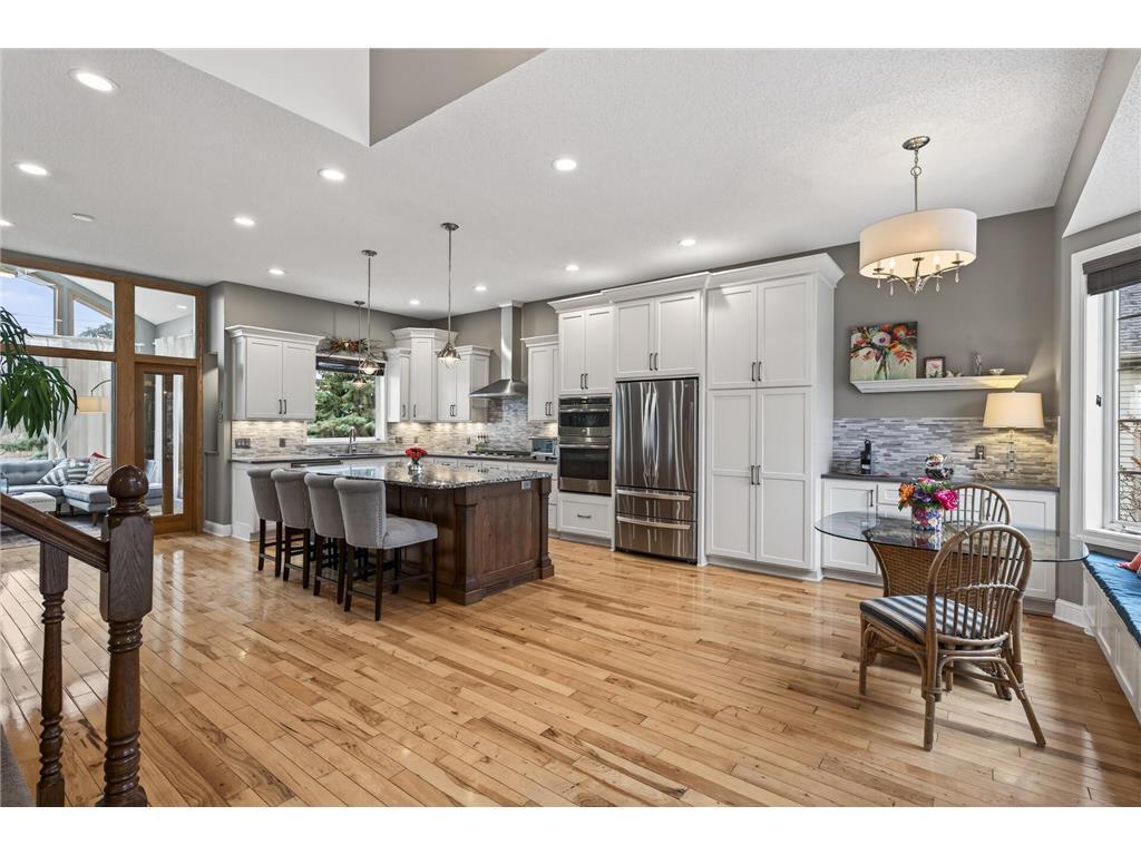 View from the front, custom built cabinets and beautiful hickory hardwood floor
