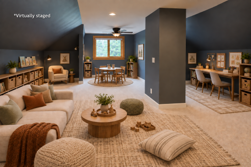 A playroom and work area (virtually staged)