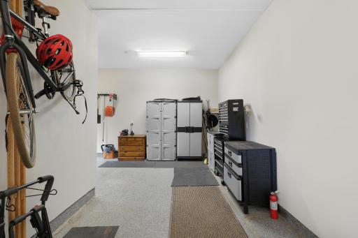 A convenient garage workspace provides a dedicated area for projects, hobbies, or storage.