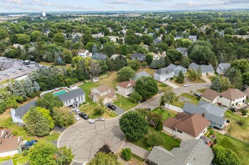 Aerial view of the neighborhood cul de sac and tree lined streets.