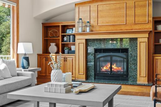 Beautiful tile surrounding the gas fireplace.