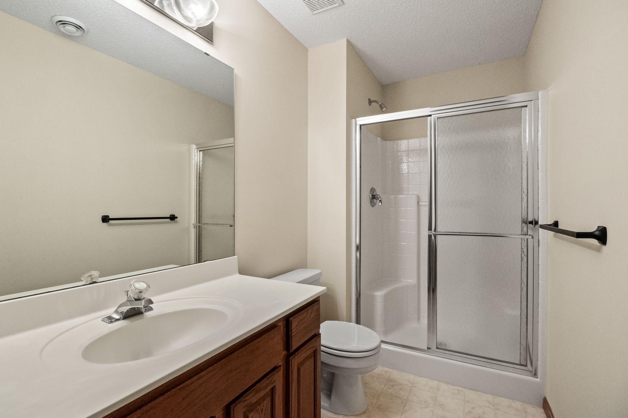 Lower level 3/4 bath with step in shower.