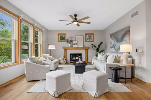 A gas fireplace is the focal point in the family room.