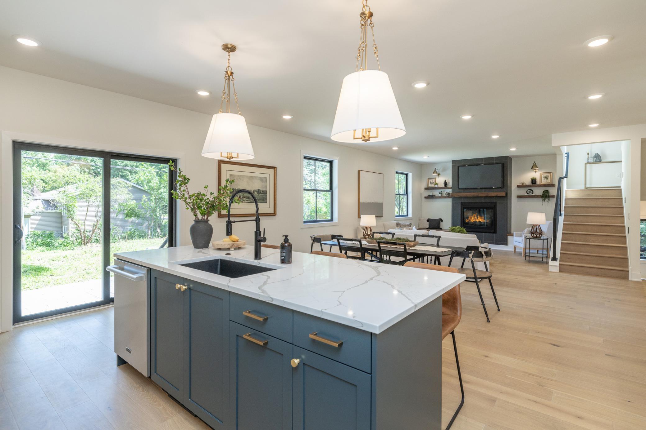 Kitchen view overlooking dining room/living room
