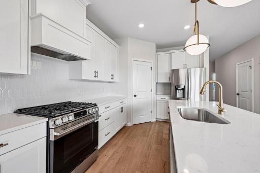 Stainless steel gas range with wood hood.