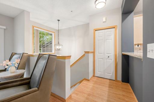Main-level entry area with hardwood-style flooring and convenient storage closet.