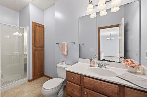 3/4 bath between the kitchen and 2nd bedroom.