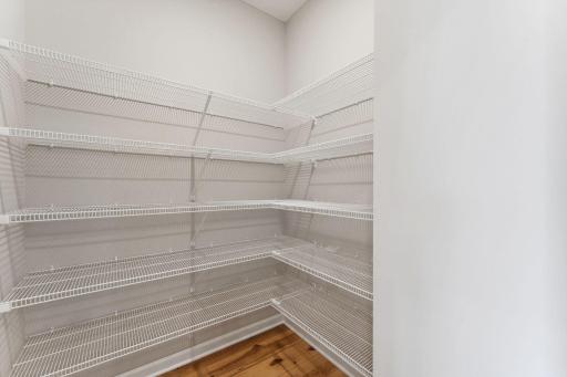 Huge walk-in pantry with abundant shelving for organized storage and easy access to everyday essentials. Similar home shown, color and options can vary.