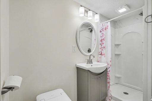 Lower Level Bathroom with new vanity, shower, toilet and flooring.