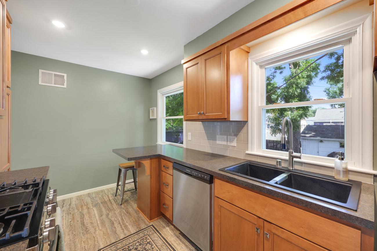 Convenient dining space and views of the backyard.