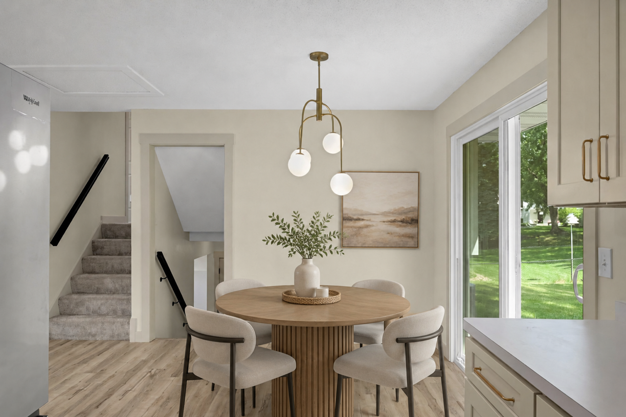 Modern fixtures in a sun filled dining room
