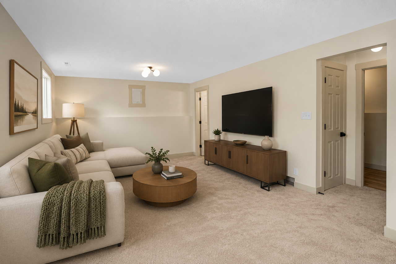 Lower level Family room. Some virtual staging to show layout options with furnishings