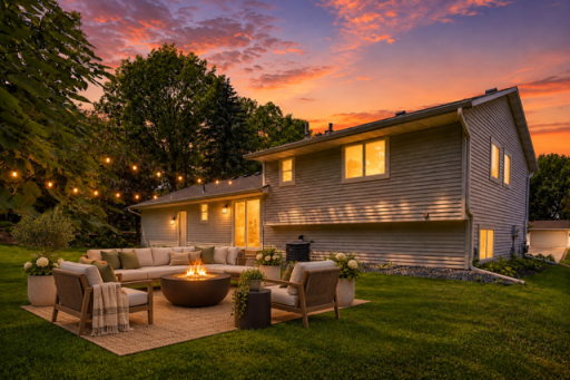 Virtually staged with outdoor rug and seating area. Enjoy entertaining into the evening!