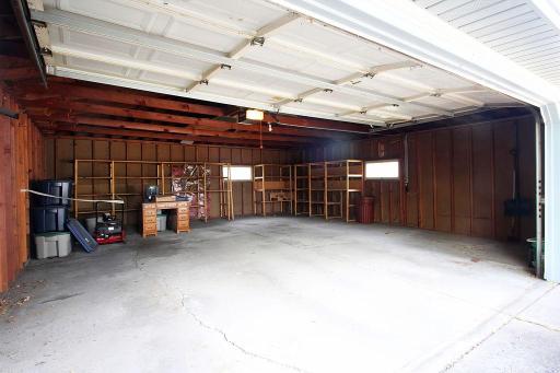 Large oversized garage with shelves