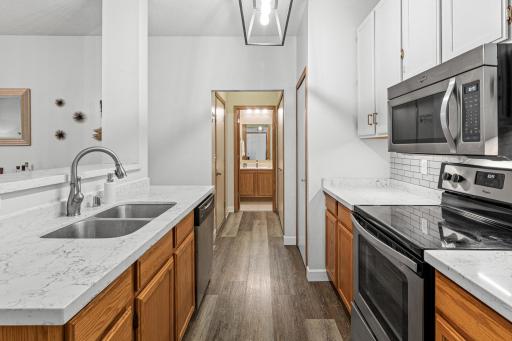 STAINLESS STEEL APPLIANCES AND QUARTZ COUNTERTOPS