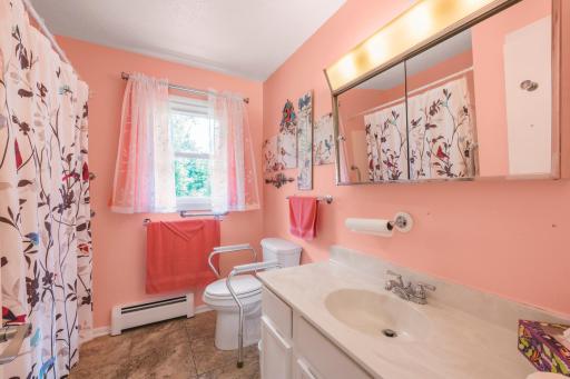 Main-level full bathroom with tub/shower combination, vanity, and natural light.