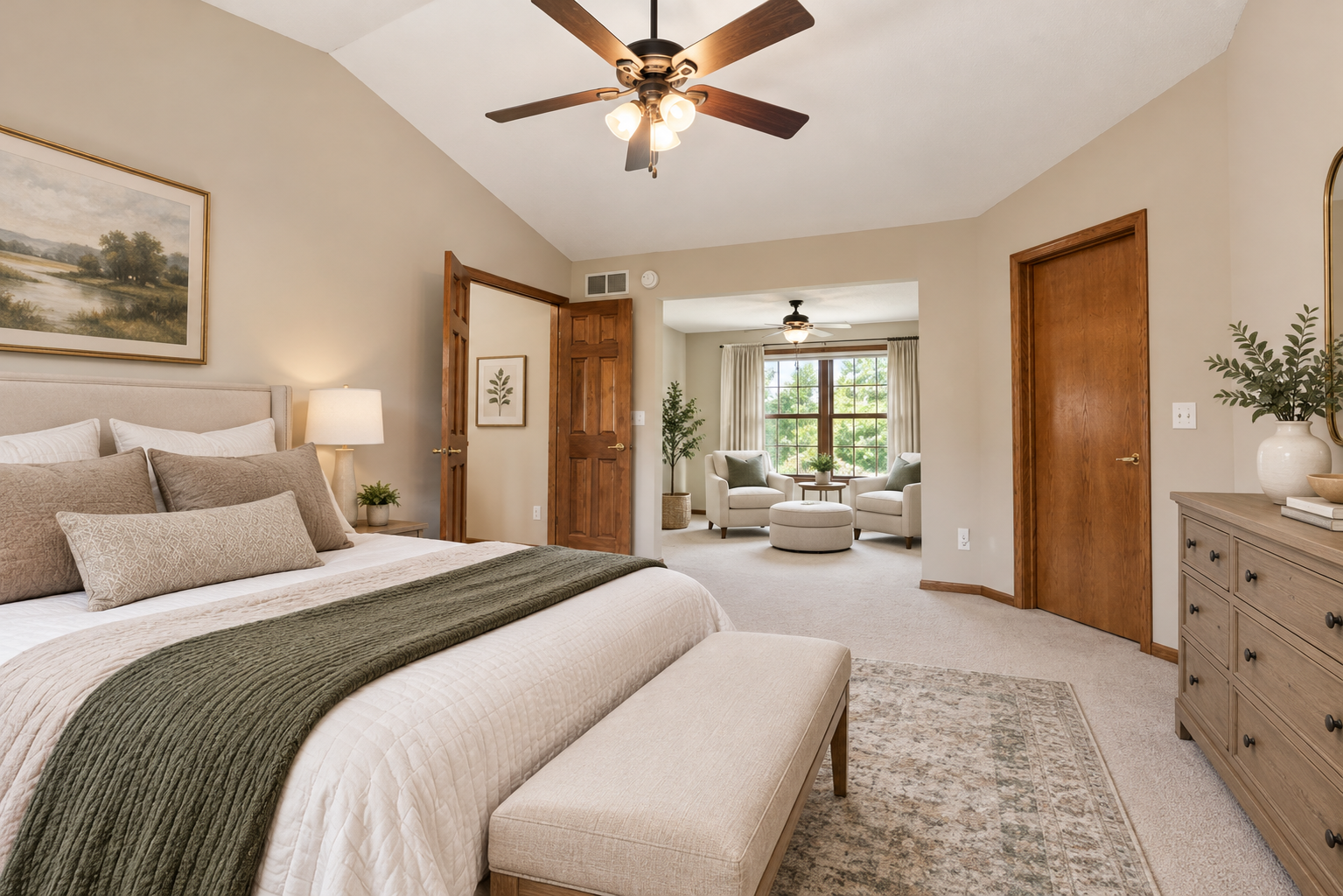 Gorgeous primary bedroom with sitting area - great flex space for office, sitting room (AI generated)