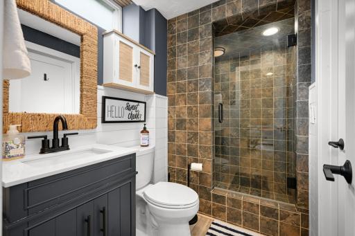 Updated lower-level bathroom featuring shiplap, new flooring, vanity, and toilet.