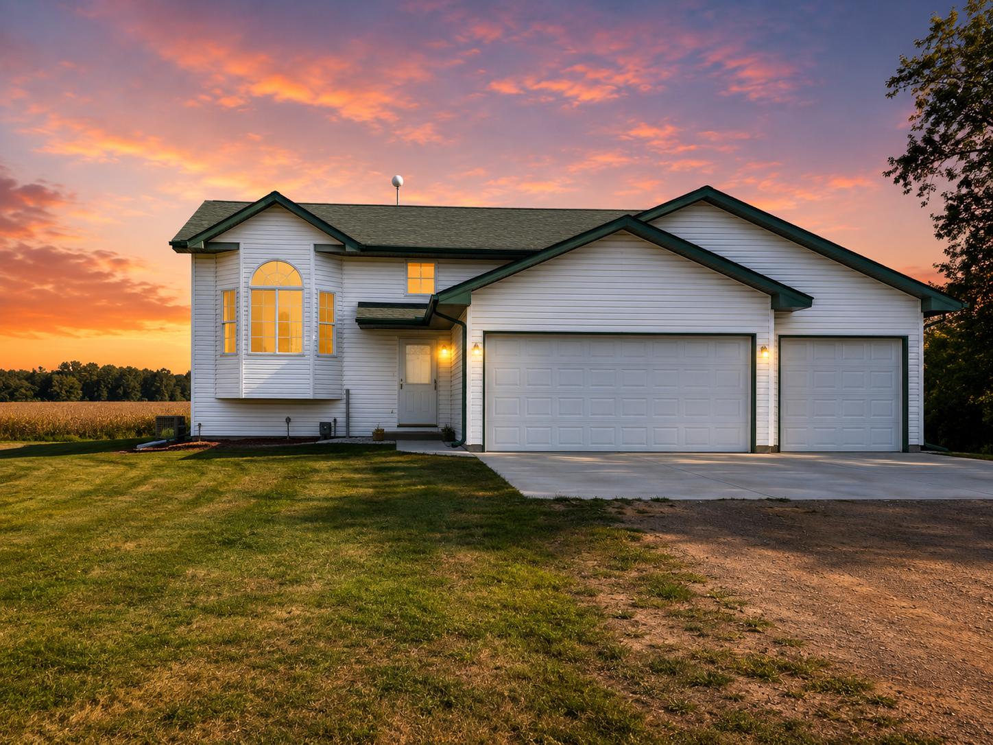 Front of home, featuring 3 car attached garage!