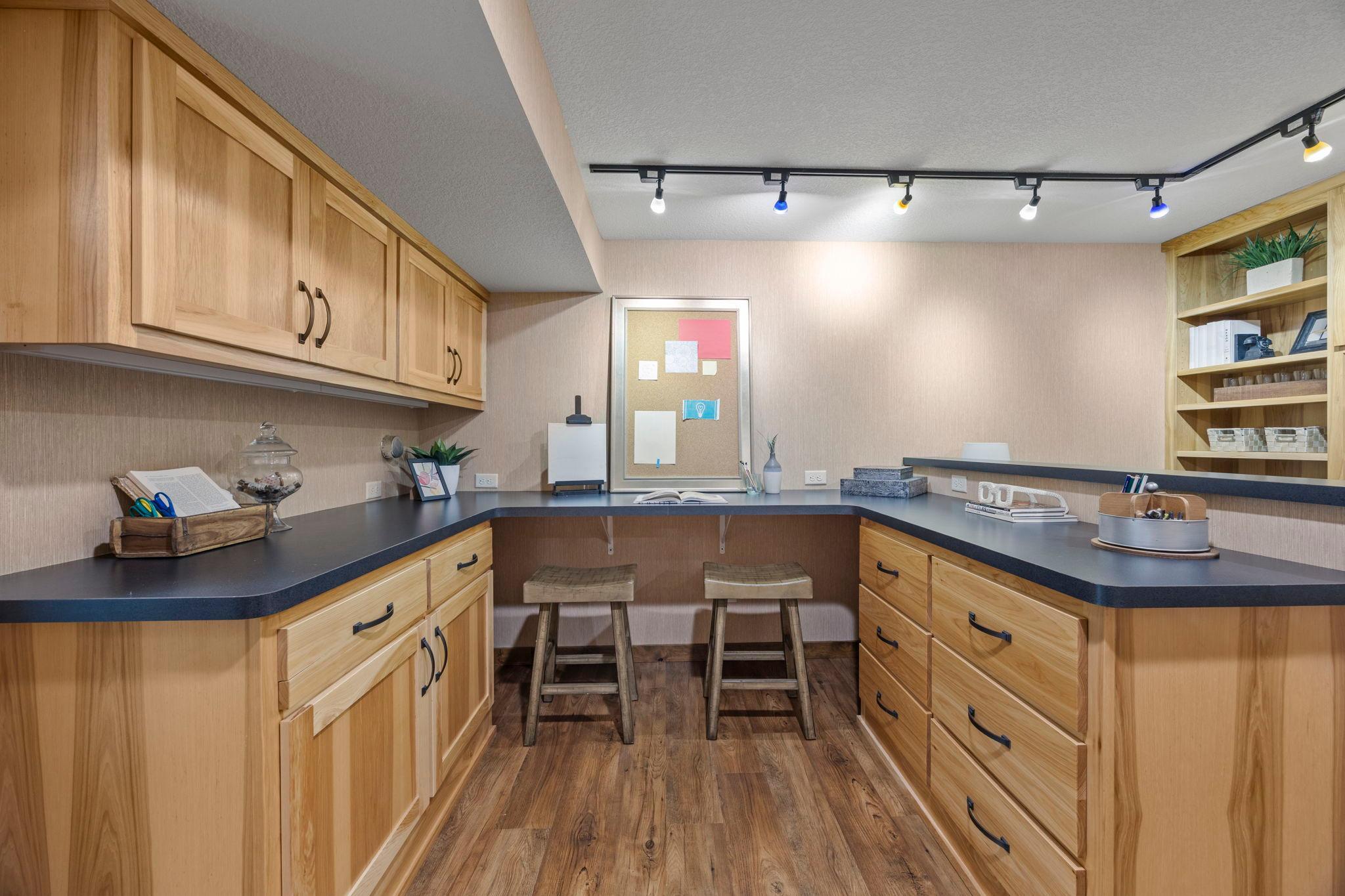 Finished under-stair storage with shelving adds even more functionality.