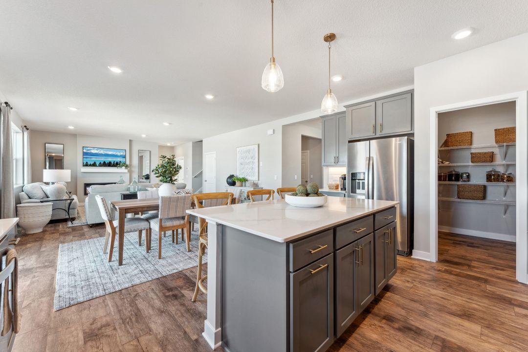 Soft close doors and drawers, a recycling center, and a walk in pantry. A place for everything and everything in its place. Photo of model home, colors and finishes are similar.
