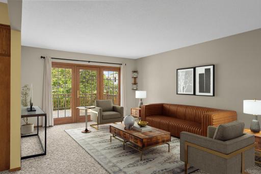 Virtually stage main level living room that walks out to the deck.