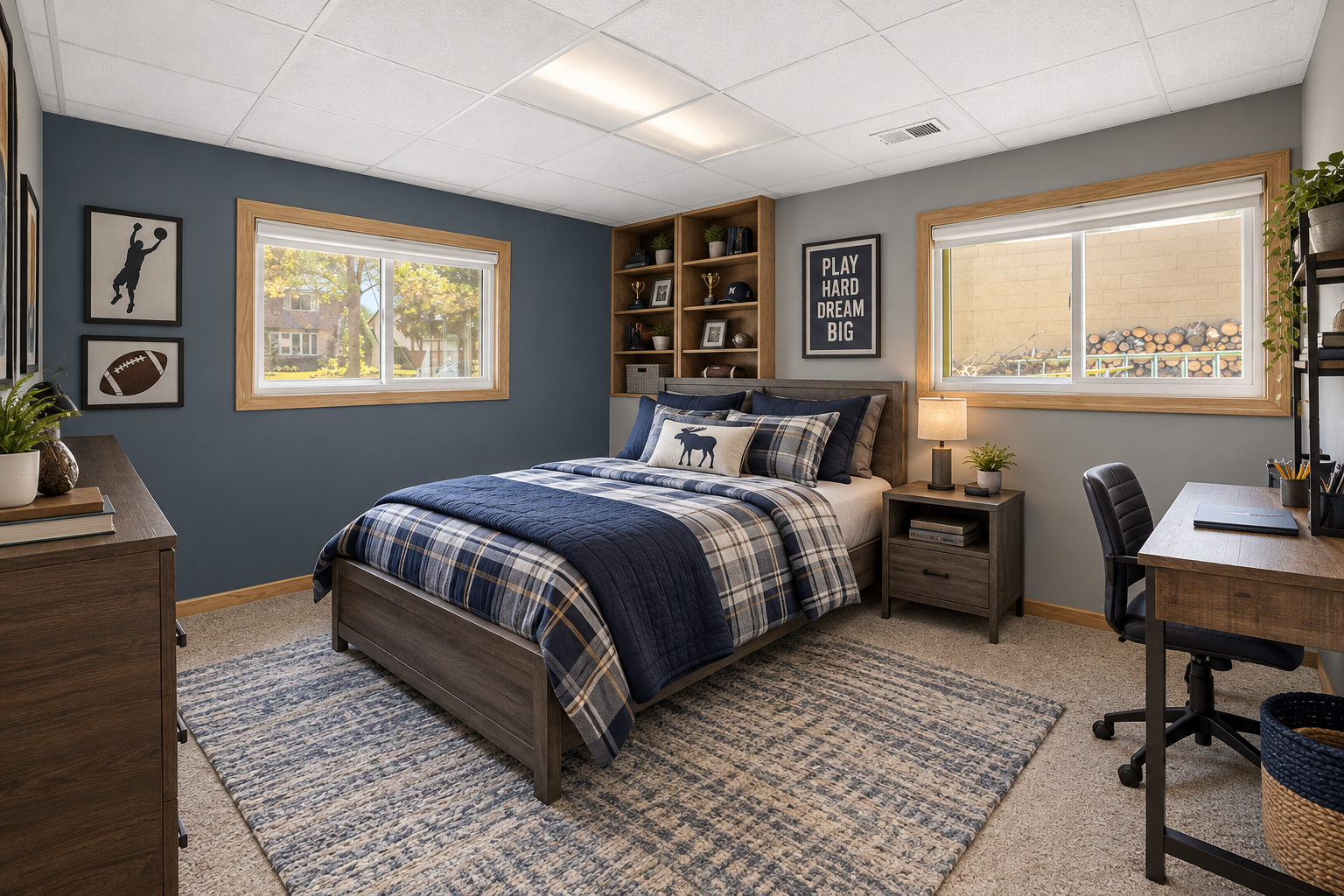 Bright and sunny lower level bedroom #4. Virtually staged for inspiration.