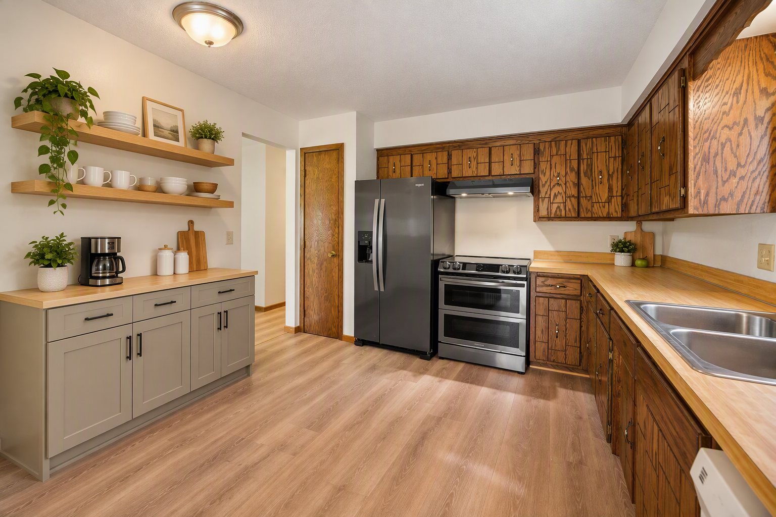 Virtually staged to show additional storage and counterspace.