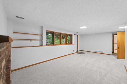 Lower level family room with fireplace and built-in shelving. Walks out to private backyard!