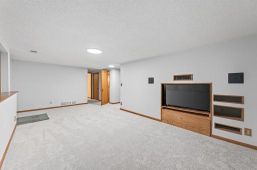 Lower level family room with fireplace and built-in shelving. Walks out to private backyard!