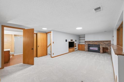 Lower level family room with fireplace and built-in shelving. Walks out to private backyard!