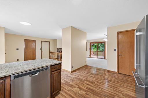 View from kitchen out to the living room and dining.