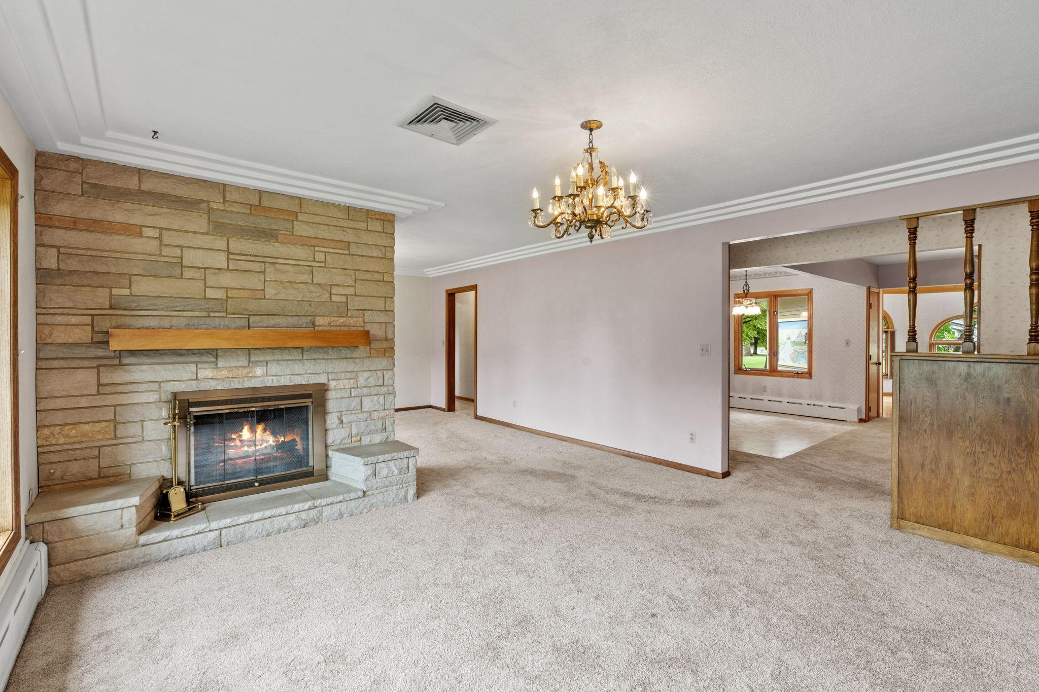 living room with real fire place