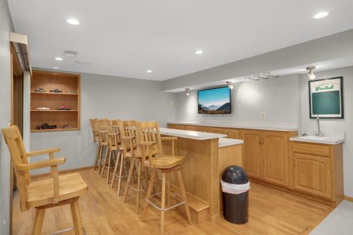 Wet bar with sink & mini fridge. TV can stay