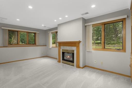 Lower level family room with gas-burning fireplace