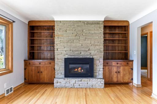Floor to ceiling bookcases surround gas FP