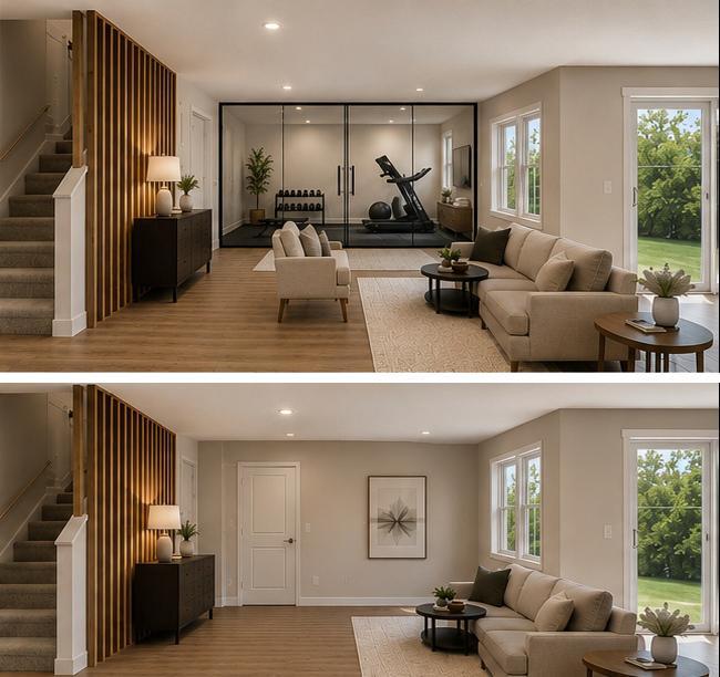 AI-generated rendering showing the potential for a finished exercise room or an additional fifth bedroom.