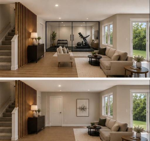 AI-generated rendering showing the potential for a finished exercise room or an additional fifth bedroom.