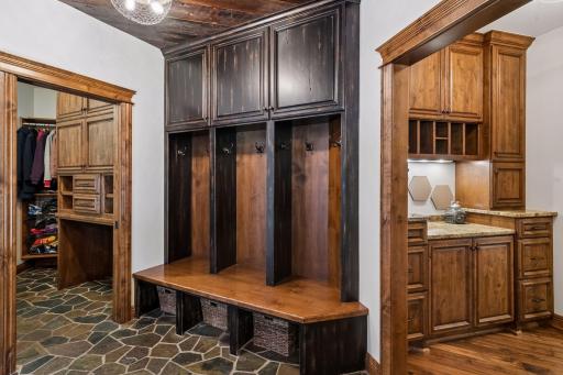 View of the mudroom & standing desk/storage area designed for everyday function & organization.