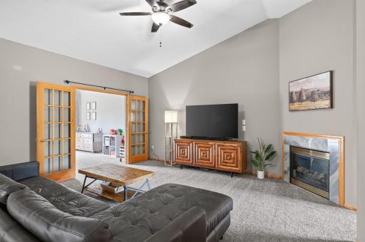 Unwind in the living room, complete with a gas fireplace.
