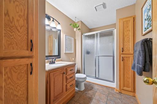 lower level bathroom with a walk in shower